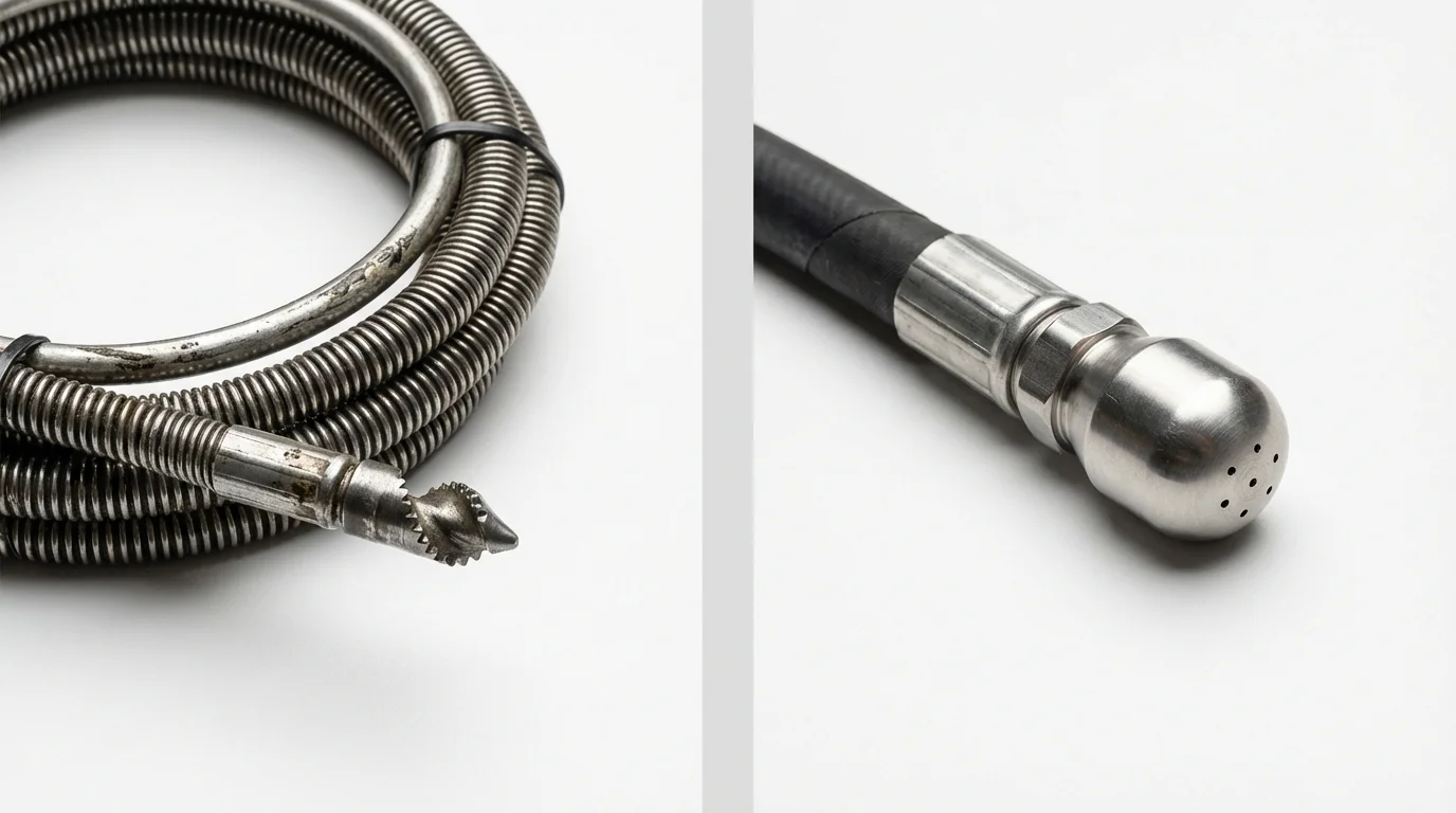 Drain snake cable and hydro jetting nozzle used for drain cleaning in Wisconsin Dells, WI