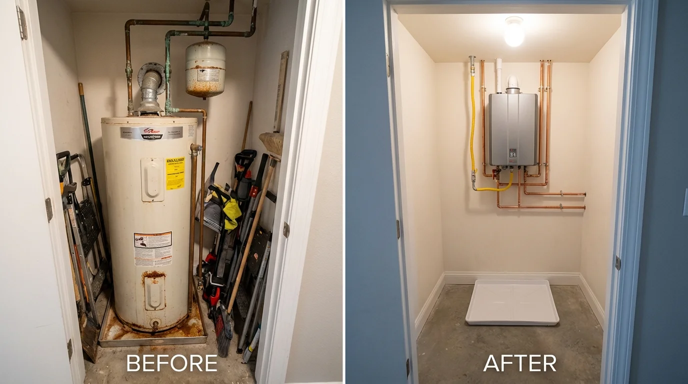 Tank water heater versus wall-mounted tankless unit comparison for Wisconsin Dells, WI homeowners