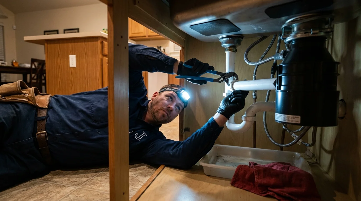 P-trap and supply line connections under a kitchen sink showing a common leak point in Wisconsin Dells, WI